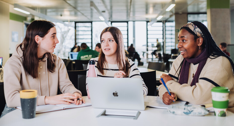 Three friends studying together with a laptop